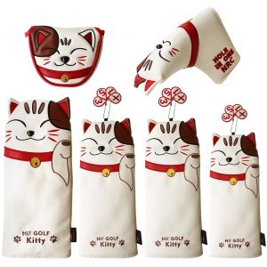 MOQIA for Driver Fairway Golfer Gift Club Head Protector Hybrid Wood Head Cover PU Leather Cute Kitty Lucky Cat Golf Putter Cover Golf Club Headcovers Blade Mallet Putter