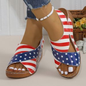 Free Shipping Plus-Size Color-Block Roman Sandals For Women Summer Platform Sandals With Velcro Straps Open-Toe Wedge Heel Beach Sandals For Women