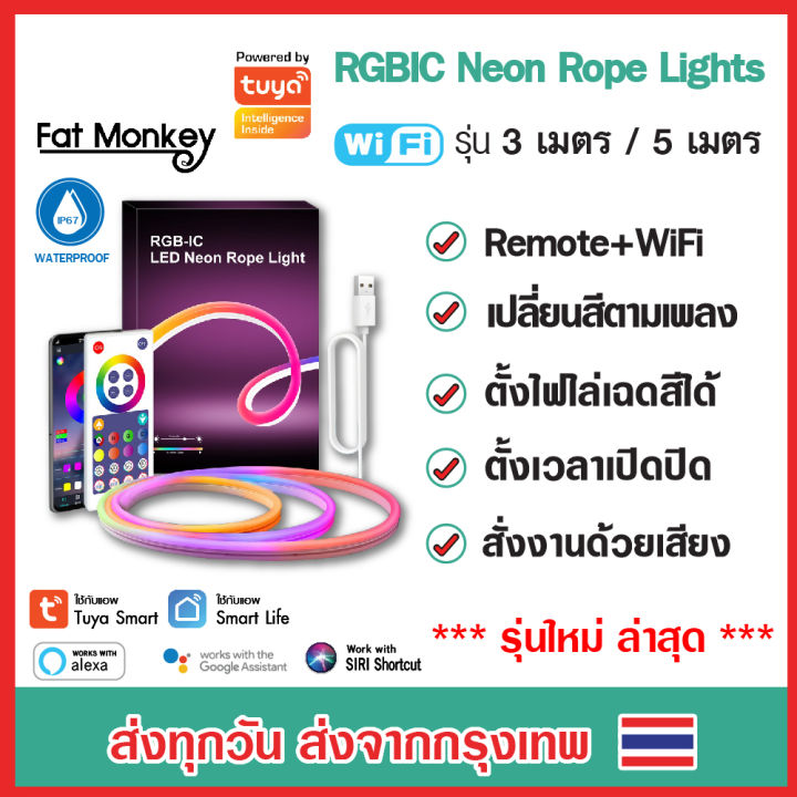 Tuya Rope Led Tuya WiFi RGBIC Neon Rope 3m, 5m ไฟสายยางนีออน เปิดปิด เปลี่ยนสีแบบ ...