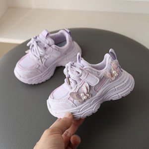 SHUNAICHI  Girls Spring Sports Shoes with Butterfly Childrens Fall Mesh Breathable Sneakers for Kids Student Pink Purple Walk Shoes I02233