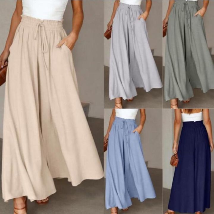 CheChury Women Linen Summer Casual Baggy Trousers Elastic Waist Drawstring Pants With Pockets Loose Fit Plain For Women UK