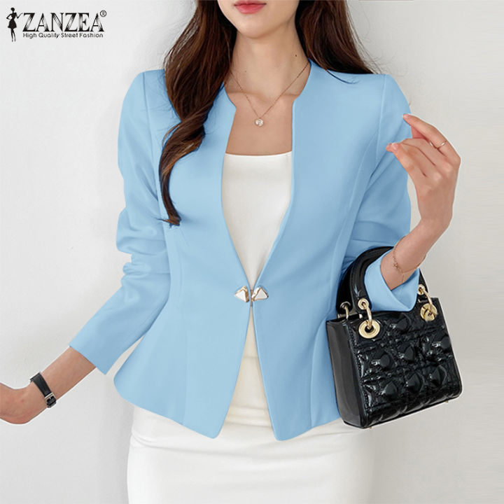 Zanzea Korean Style Womens Blazer Elegant Office Collect Waist Long Sleeve O Neck Plain Suit 5151