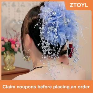 【ZTOYL】 Phụ Nữ Sang Trọng Lưới Hoa Ngọc Trai Tua Tóc Clip Nữ Fluffy Cá Mập Móng Vuốt Tóc Phụ Kiện Tóc Mũ