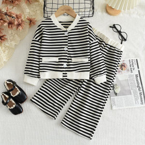 Bear Leader Korean Style Clothes Sets for Terno Girls Autumn Stripes V-neck Long Sleeves Cardigan Top Balck and White Pants 2 Pieces Suits 3 to 7 Years Kids Trendy Clothing Outfits