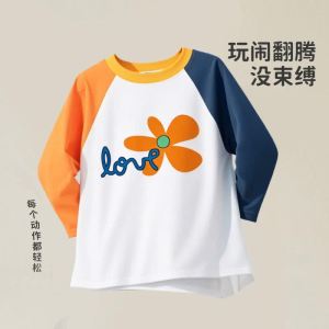 Autumn Childrens Vibrant Color Block Raglan Sleeve Base Shirt for Boys and Girls with Fun Print Round Neck Long Sleeve Top T-Shirt
