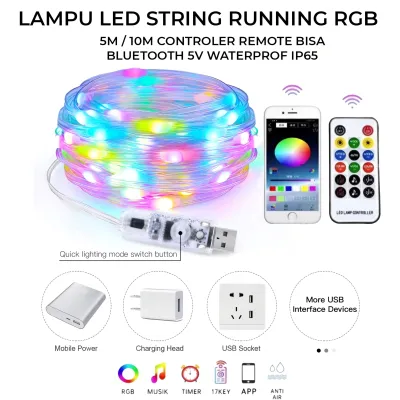 Lampu led string running rgb 5m 10 meter 5v sensor suara remote dan bluetooth Dekorasi ulang tahun