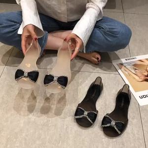 [Free Shipping] New WomenS Jelly Shoes With Transparent Rhinestone Bows Korean Style Beach Sandals Non-Slip Fish Mouth Flat Shallow Sandals