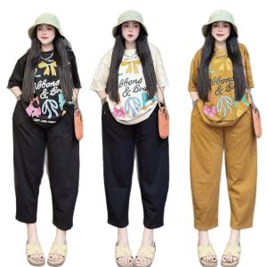 Korean Terno for Women Sweet Bow Print Short-Sleeved Top + High-Waisted Wide-Leg Pants Two-Piece Set