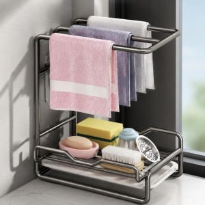 Keranixy Wall-Mounted Dishcloth Rack Sink Drain Organizer Multi-Functional Kitchen Sponge Towel Holder Rak Tuala Dapur