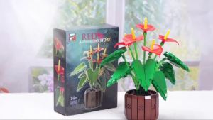 732 pieces red Anthurium plants bonsai plants cup-shaped building blocks desk decorations holiday gifts for adults DIY toys.