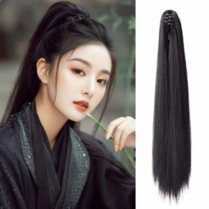 YOUTH HOME Hair Extensions Chinese Hanfu Ponytail Wig Heat Resistant Ancient Long Straight Ponytail Vintage Fluffy Pony Tail Hair Piece for Women Men