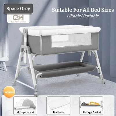 Comfort and Hugs Baby Bedside Crib Adjustable Height Portable Crib with Wheels Airflow Mesh 4-Position Height Adjustment Mosquito Net Storage Basket Easy to Assemble Newborn/Infant 3-in-1 Bedside Bassinet Rocking Bassinet Easy Folding Baby Crib
