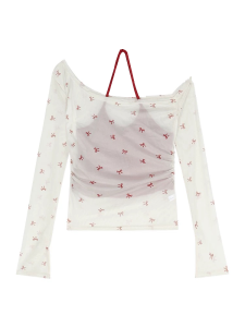 เสื้อยืดผู้หญิง แขนยาวชีฟอง ปลายกระดิ่ง พิมพ์ลายโบว์แดง เสื้อซับในคล้องคอสีแดง ชุดเซ็ต2ชิ้น เสื้อครอป #071