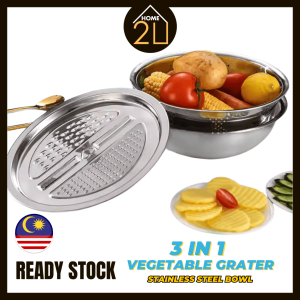 Home2U🏡 26cm 3 in 1 Set Stainless Steel Multifunctional Practical Drain Basin Vegetable Grater Set Kitchen Tools