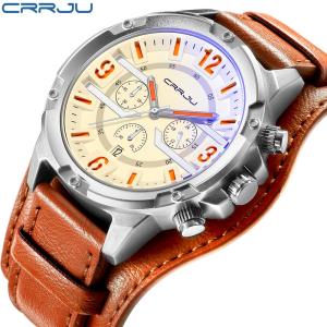 CRRJU Men Watches Luxury Quartz Chronograph Military Leather Strap with 24 Hour and Date Display Wristwatch (2142)