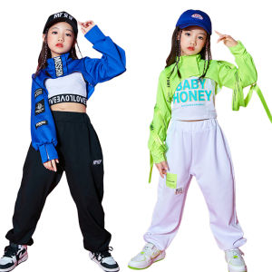 LOLANTA 3Pcs Girls Clothes Crop Tops +Vest+Pants Sets Children Fashion Stage Performance Hip Hop Dance Outfit Sport Casual Green Blue