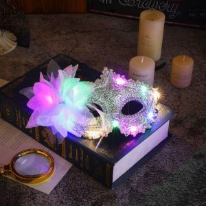 LIEYH Nhựa nạ LED phát sáng nạ nửa Ren nạ hoa lông vũ Hộp đêm Phát sáng nạ hóa trang Venice Cô Gái