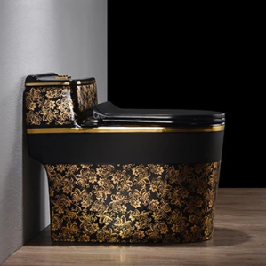 Bồn cầu nguyên khối YAMATO màu đen hoa văn vàng mới sang trọng men nano phủ ceramic cao cấp - Bảo hành 15 năm