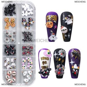 [COD] WEICHENG 12 Grids Cute Spooky Ghost Pumpkin Nail Art Decorations Spider Bat Halloween Gothic Design Nail Art Jewelry Manicure Accessories
