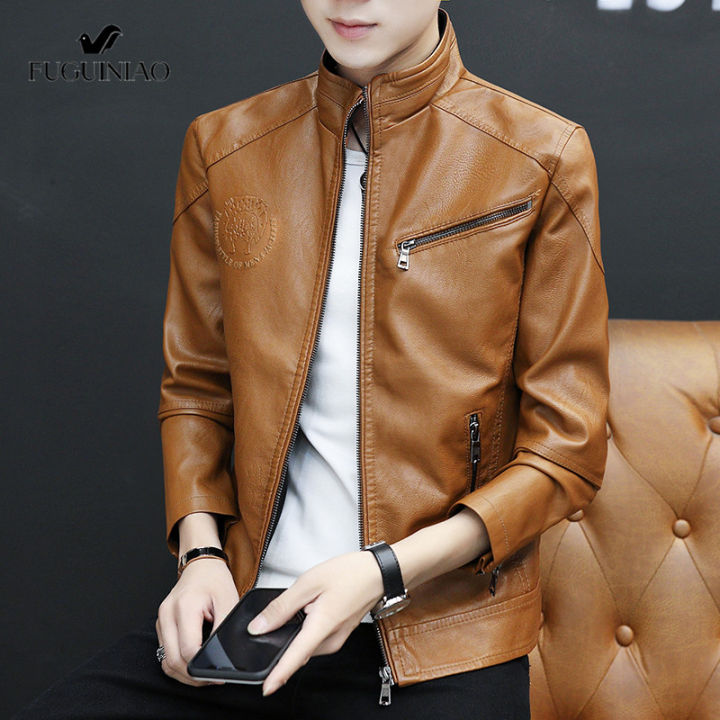 Fuguiniao Men Autumn New Motorcycle Causal Vintage Leather Jacket Coat Men  Outfit Fashion Biker Zipper Pocket Design PU Leather Jacket Men M-4XL