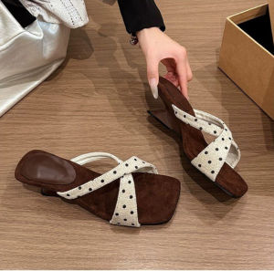 [Free Shipping] Polka Dot Wedge Sandals For Women 2026 Summer New Style Comfortable To Wear Square-Toe High-Heeled Sandals