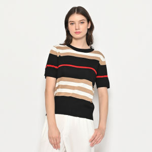 QUEENTIN Kaos Casual Wanita 6010 Rajut Knit Stripe Strecth Lengan Pendek