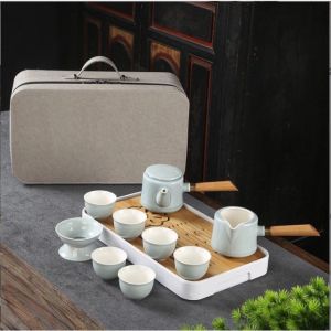 Bộ Ấm Chén Pha Trà Cối Xay Hoa Văn Xanh Vàng Đen Bóng