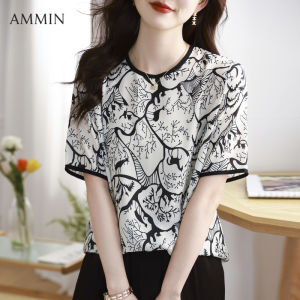 AMMIN เสื้อ Sablon Bunga แฟชั่นคอกลมทรงหลวมสไตล์ฉบับภาษาเกาหลีของผู้หญิงเสื้อเบลาส์ลำลองสไตล์สำหรับฤดูร้อน