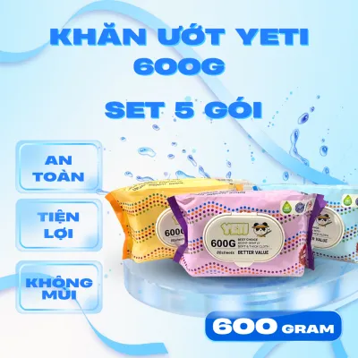 Hộp 5 Gói Khăn ướt YETI 600g Vải dầy Khăn giấy ướt không cồn dùng được cho bé Hàng xuất khẩu Khổ vải lớn 13x19cm