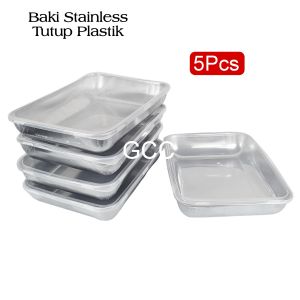 Set 5Pcs Nampan Makan Stainless Steel Warna Silver dengan Tutup Plastik - Alat Dapur Multifungsi