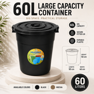 Large Capacity 60L Drum Plastic Storage Bin with Fitted Lid Durable Home Organizer for Clothes Toys and Household Items