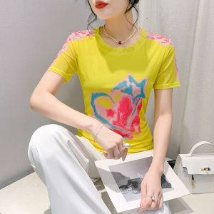 Yimei Vòng Cổ Quảng Châu Lưới tay ngắn T-Shirt Cho Phụ Nữ 2024 Mùa Hè độ co giãn cao hình thời trang In áo ngoại cỡ