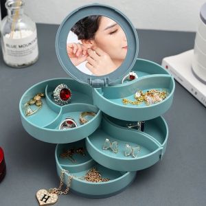 Multilayer Rotating Plastic Jewelry Stand Jewelry Storage Box Earrings Ring Box Cosmetics Beauty Container Organizer with Mirror