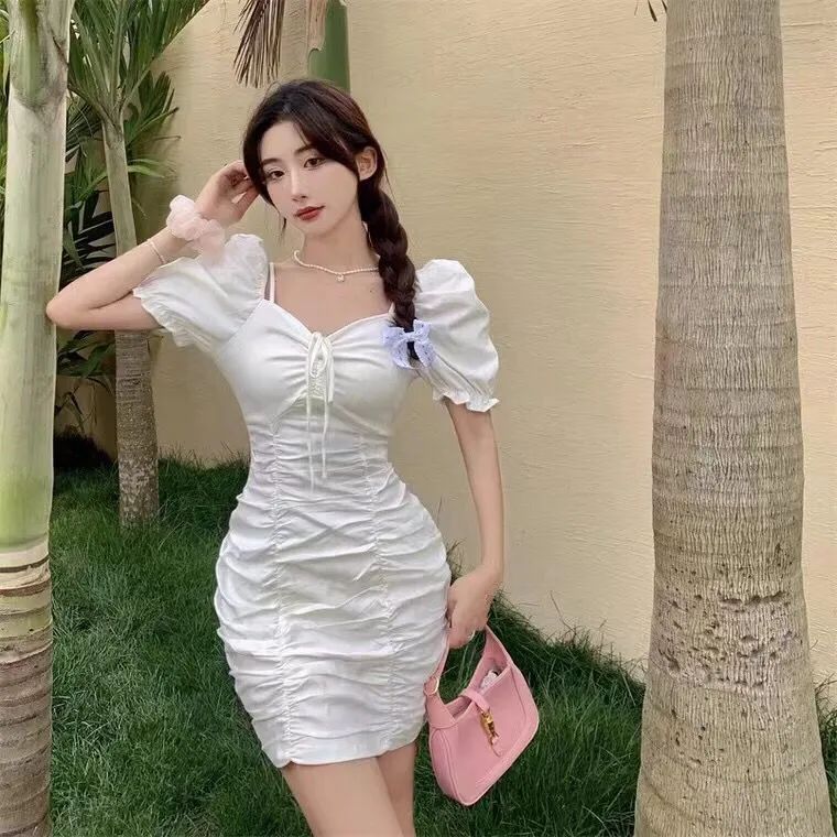 YATO White Korean Dress for Woman Casual Fitted Dress Thin Elegant Fashion  Puff Sleeve Debut Dress Sunday
