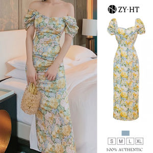 ZYHT eravogue đầm dài váy sa tanh cổ vuông Đầm lệch vai Váy hoa ngắn tay váy dự tiệc 3816