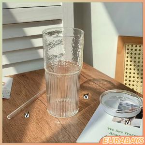 E.B. 550ml Creative Glass Water Cup with Straw and Lid Juice Milk Tea Coffee Cold Drink Mug
