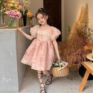Childrens clothing girl floral princess skirt 2024 summer new childrens bubble sleeve dress mesh fluffy children