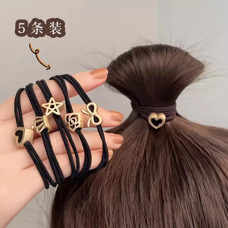 5pcs/pack Women's Fashion Metal Bowknot Rubber Bands Hair Scrunchie Girl's  Heart Hair Tie Hairbands Gum Hair Accessories