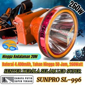 Terlaris ~Senter Kepala Selam 260W Senter Kepala Anti Air Sl-996 Super Terang 260Watt Cahaya Putih Tahan 50Jam / Senter Kepala LED Super Terang / Senter Kepala 260W Headlamp LED Selam ~ NOS