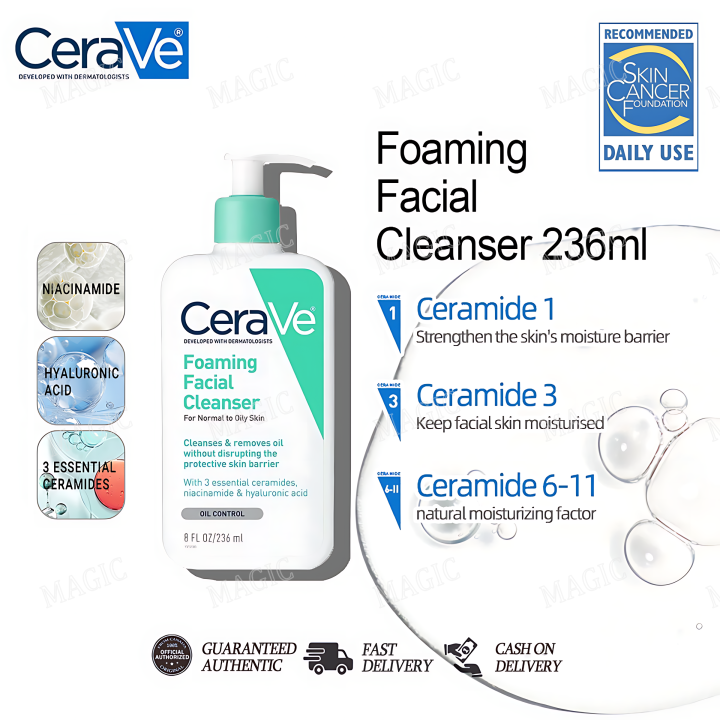 Cerave Foaming Facial Cleanser Niacinamide Oil Control Glycerin Moisturizing For Normal To Oily Skin 236ml