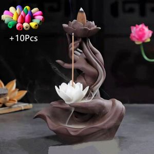 Ceramic Backflow Incense Burner Waterful Incense Stick Holder Lotus Censer Home Fragrance Souvenir 佛手莲花 陶瓷香炉送10粒香 倒流香炉 熏香炉 斋月礼物 纪念品