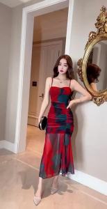 Dazzlin ชุดเดรสสายเดี่ยวยาวพับพับตาข่ายพิมพ์ลายย้อนยุคหรูหราสไตล์ฝรั่งเศส