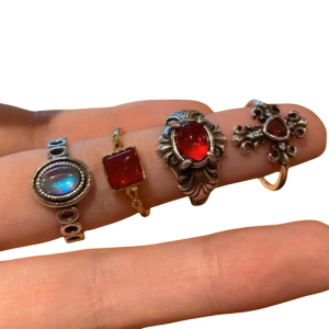 4pcs Vintage Gothic Red Crucifix Geometry Open Rings for Women Punk Style Grunge Accessories Unique Gift