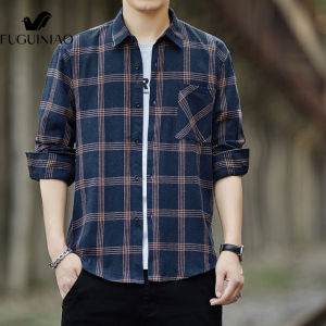 FUGUINIAO Mens Shirt Lapel Striped Plaid Long-sleeved Shirt Thin Cotton Shirt Loose Casual Plaid Shirt Black Shirt