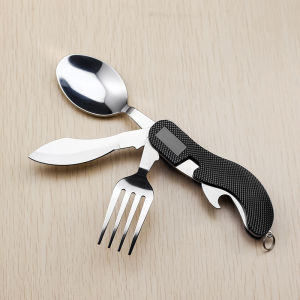 เครื่องใช้บนโต๊ะอาหารแบบ4 In 1ที่เปิดขวดช้อนส้อมสแตนเลสแบบพับได้อุปกรณ์รับประทานอาหารสำหรับเดินทางเดินป่าตั้งแคมป์ปิกนิกแบบพกพา