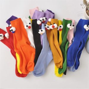 REEBO Breathable Soft Cotton Socks Cartoon College Style Harajuku Style 3D Eyes Socks Female Hosiery Cute Socks Mid-tube Socks
