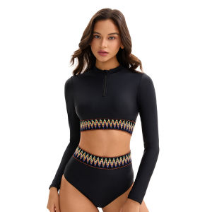 Women Two Piece Long Sleeve Swimwear High Waist Modest Swim Suit Sun Protective Surf Suit Wear Black Bathing Suit