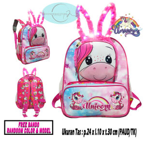 Tas Ransel Mini Anak Perempuan Sekolah PAUD/TK Karakter UNICORN Free Bando Lampu  LED TERBARU !!!