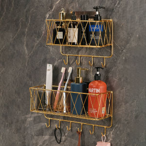 Ins Bathroom Punch Free Storage Rack With Hooks Kitchen Toilet Wall-Mounted Household Rack Rak Penyimpanan Fifty Seven 57 厕所墙面置物架