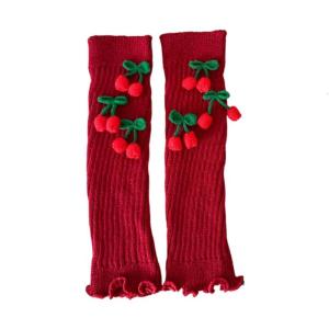Knitted Leg Covers with Festival Cute Cherry Bowknot for Women Christmas Ruffled Leg Warmers Boot Cuffs Footless Socks
